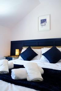 ein Schlafzimmer mit zwei Betten mit blauen und weißen Kissen in der Unterkunft The Wave Cottage - 3 Bedroom with off road Parking for 3 Cars or Vans & EV point in Pilning