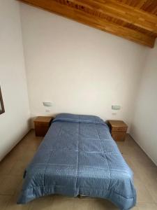 a bedroom with a bed with a blue comforter at Refugio Andino 2 in Malargüe