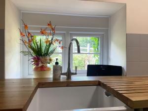 a kitchen with a sink and a vase of flowers at The Cottage in Ashburton +14 photos