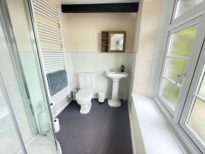 a white bathroom with a toilet and a sink at The Cottage in Ashburton