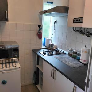 a small kitchen with a stove and a microwave at Casa Matilde in Genova