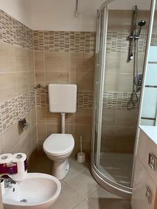 a bathroom with a toilet and a shower and a sink at Casa Ondea in Marina di Pisa