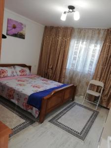 a bedroom with a bed and a chair in it at Căsuța de vacanță in Năvodari