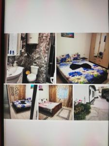 a collage of pictures of a bathroom and a bedroom at Căsuța de vacanță in Năvodari