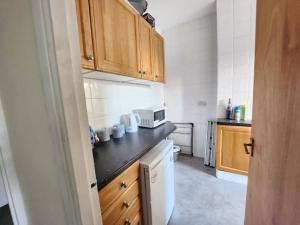 a small kitchen with wooden cabinets and a white appliance at One Bed Comfort Studio Apartment in Kent