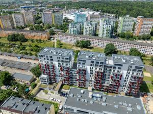 an aerial view of a city with tall buildings at Golden Park Aparthotel in Szczecin