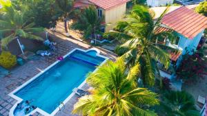 an overhead view of a swimming pool with palm trees at Hostal las Cabañas Santa Veronica in Santa Veronica