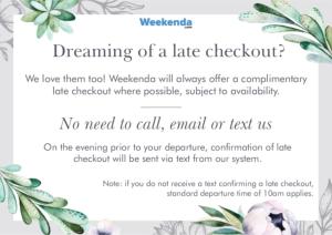 a flyer for a late checkout with flowers and leaves at King 2 - close proximity to Bimbadgen and Hope Estate concerts in Pokolbin