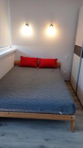 a bed with two red pillows in a room at Kawalerka Gdańsk Wrzeszcz in Gdańsk