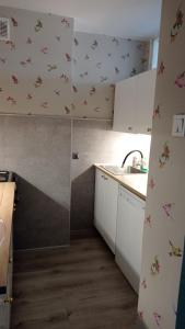 a small kitchen with butterflies on the wall at Kawalerka Gdańsk Wrzeszcz in Gdańsk