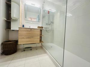 a bathroom with a shower and a sink at Port-Vendres - T2 climatisé, parking, WIFI - 3* - FR-1-309-388 in Port-Vendres