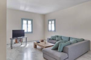 Una sala de estar con un sofá y un televisor. en Aegean Villa in Paros, en Santa Marina