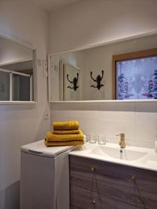 a white bathroom with a sink and a mirror at Maison Verte, Monument Historique in Roubaix