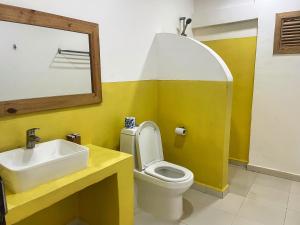 a bathroom with a sink and a toilet and a mirror at AVO Boutique Hotel in Dikoni