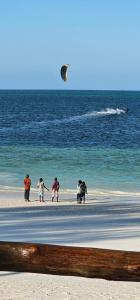 a group of people standing on a beach flying a kite at AVO Boutique Hotel in Dikoni