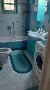 a bathroom with a toilet a sink and a washing machine at Βίλα Πασιθέα in Khánia +39 photos