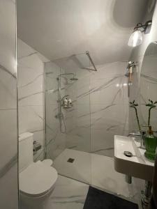 une salle de bains avec douche, toilettes et lavabo dans l'établissement Omodos Serenity House, à Omodos