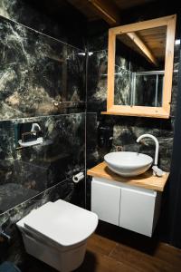 a bathroom with a sink and a toilet and a mirror at Relax Dağ Evleri in Dikkaya