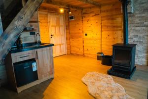 a kitchen with a stove and a sink in a cabin at Relax Dağ Evleri in Dikkaya