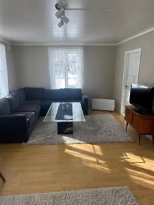 a living room with a blue couch and a coffee table at Nordlandshus Lofoten in Berg