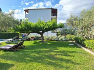 a yard with a picnic table and a tree at Horizon studio apartment in Palaiokatoúna
