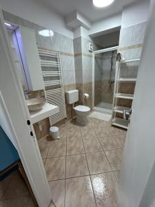 a bathroom with a shower and a toilet in it at Apartments Oliva in Poreč