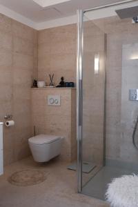 a bathroom with a toilet and a glass shower at The White Knight Premium Boutique Hotel in Għajnsielem