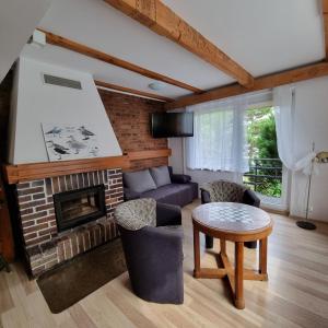 a living room with a couch and a fireplace at Pokoje i apartamenty przy Sosnowej in Poddąbie