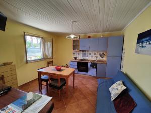a kitchen and living room with a table and a blue couch at Casa Spezzara (tra Tropea e Capo Vaticano) in Santa Domenica