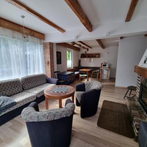 a living room with a couch and chairs and a fireplace at Pokoje i apartamenty przy Sosnowej in Poddąbie