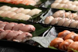 a bunch of different types of food on display at HOTEL VISCHIO TOYAMA in Toyama
