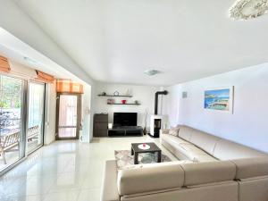 a living room with a couch and a tv at Delux 4 Stars Apartment Ariadne - 1 Min from Beach in Soline