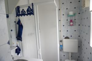 een douche in een badkamer met blauwe en witte tegels bij Kustverhuur, Groede, Paarlhof 29 in Groede +11 foto's