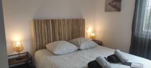 ein Schlafzimmer mit einem Bett mit zwei Lampen in der Unterkunft Chez Camille appartement spacieux 75m2 climatisation wifi parking terrasse et cour privative a 50 m de la plage in Le Grau-du-Roi