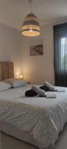 ein Schlafzimmer mit einem Bett, auf dem zwei Handtücher liegen in der Unterkunft Chez Camille appartement spacieux 75m2 climatisation wifi parking terrasse et cour privative a 50 m de la plage in Le Grau-du-Roi