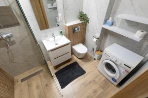 une salle de bain avec un lavabo et une machine à laver dans l'établissement Resort Hevenia Mrzeżyno - Apartament 1, à Mrzeżyno