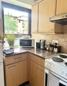 una cocina con estufa y microondas en Gorgeous Flat 10 Min Walk to Stadium FREE parking, en Londres