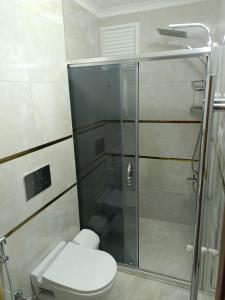 Un baño con inodoro y ducha de cristal. en White Pearl Residance, en Trabzon