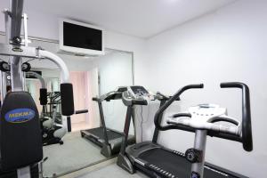 a gym with two tread machines and a flat screen tv at Stelia Mare Boutique Hotel in Naousa