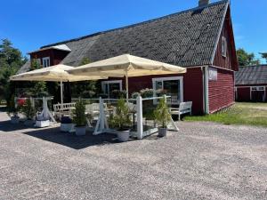 a building with benches and umbrellas in front of it at Emmaste Teemaja in Emmaste