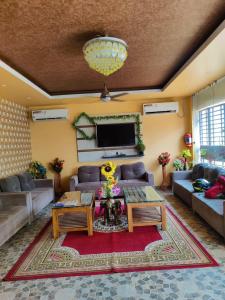 a living room with a couch and a tv at CHETAN INN HOTEL in Bhubaneshwar