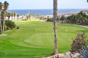 een golfbaan met palmbomen en de oceaan bij Relax Sunny Golf Apartment in San Miguel de Abona