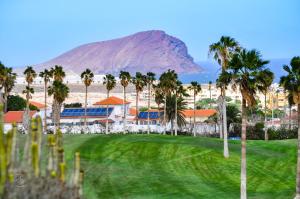 uitzicht op een golfbaan met palmbomen en een berg bij Relax Sunny Golf Apartment in San Miguel de Abona