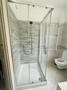 a shower with a glass door in a bathroom at Maison Syrah in Aosta +15 photos