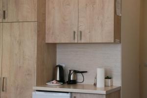 オフリドにあるZade Apartmentsのキッチン(木製キャビネット、コーヒーメーカー付)