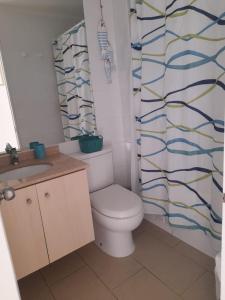 łazienka z toaletą i zasłoną prysznicową w obiekcie Condominio Papudo Laguna, Avenida El Estero 203 w mieście Papudo