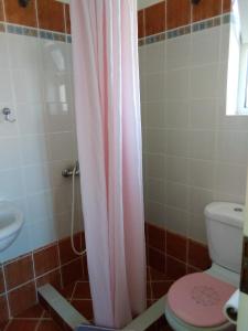 a bathroom with a pink shower curtain and a toilet at Emmanouil in Kythira