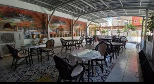a restaurant with tables and chairs in a room at Bayındır Palme Hotel in Antalya