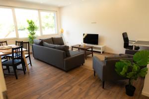 a living room with couches and a table and a tv at Dohann2 Zentrum, Messehalle, Stationnah & Privatparkplatz in Dortmund