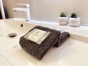 zlew w łazience z ręcznikiem i 2 roślinami w obiekcie "Garenne 2" Cosy 3 pièces quartier haut climatisé avec patio ! w mieście Sète